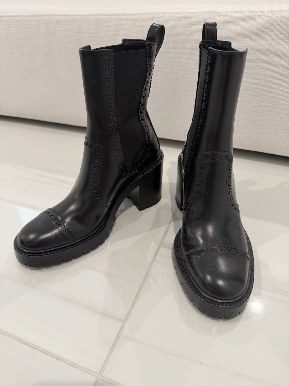 Hermes Black Leather Lug-Heel Chelsea Booties